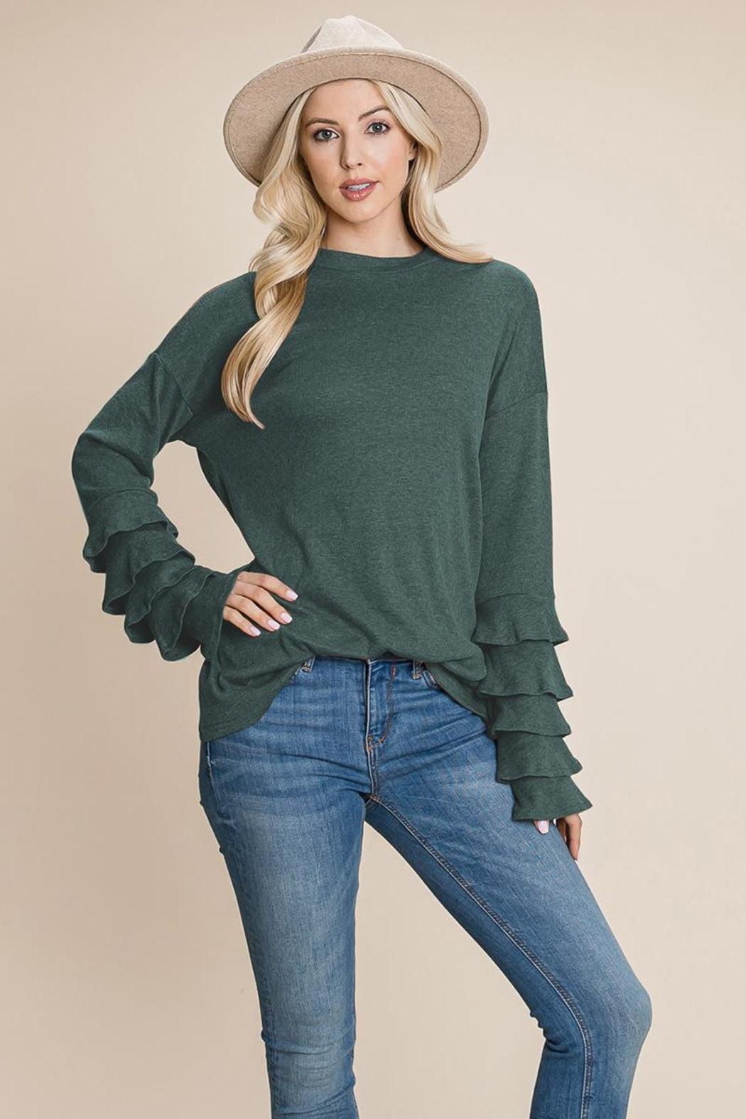 Long Sleeve Ruffle Layered Shirred Sweaters Shirts Product Image