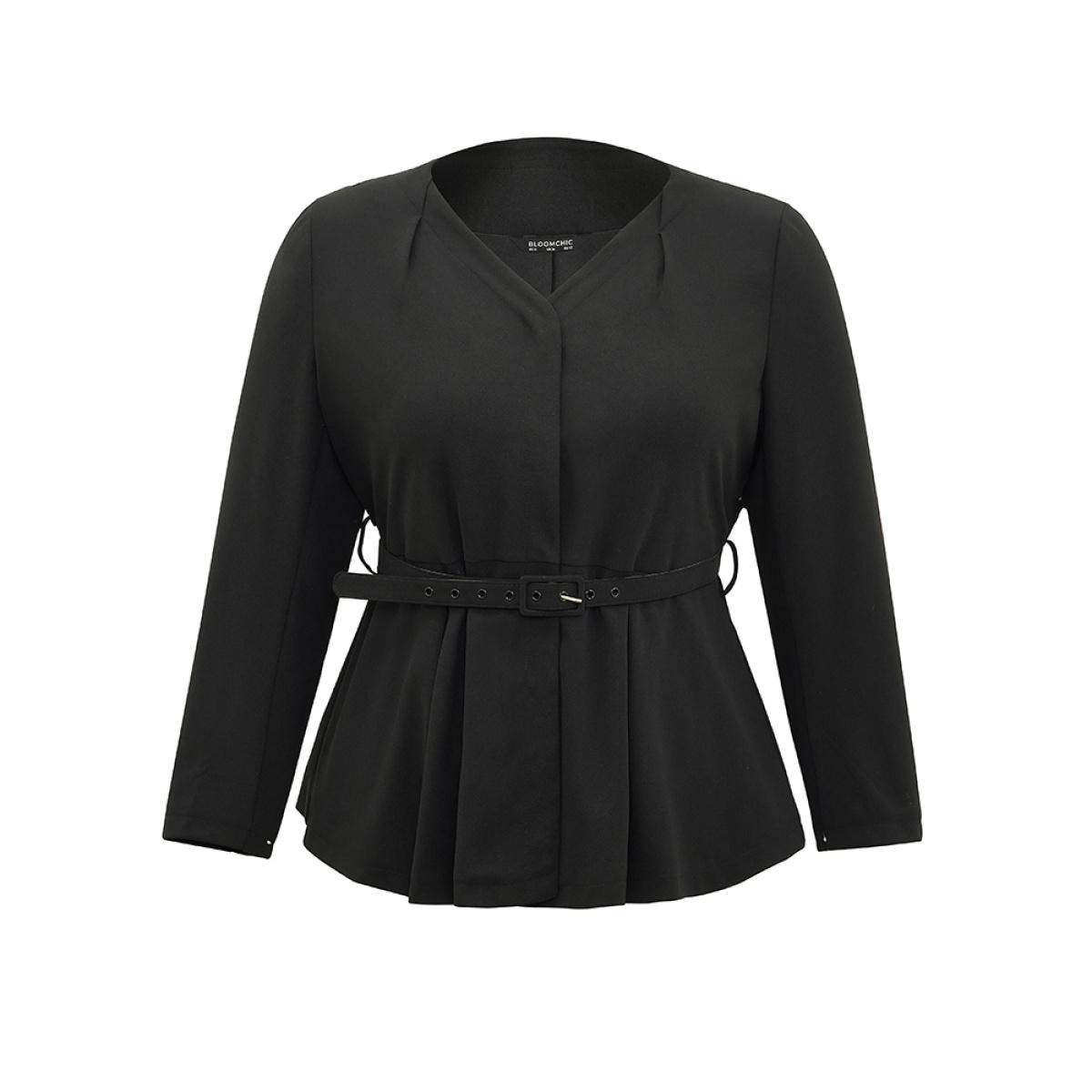 Plus Size Solid Pleated Button Up Belted Blazer Black Women Work Plain Plain Sleeve Long Sleeve Open Front 14-16/1X Belt Work From Home Blazers BloomChic Product Image