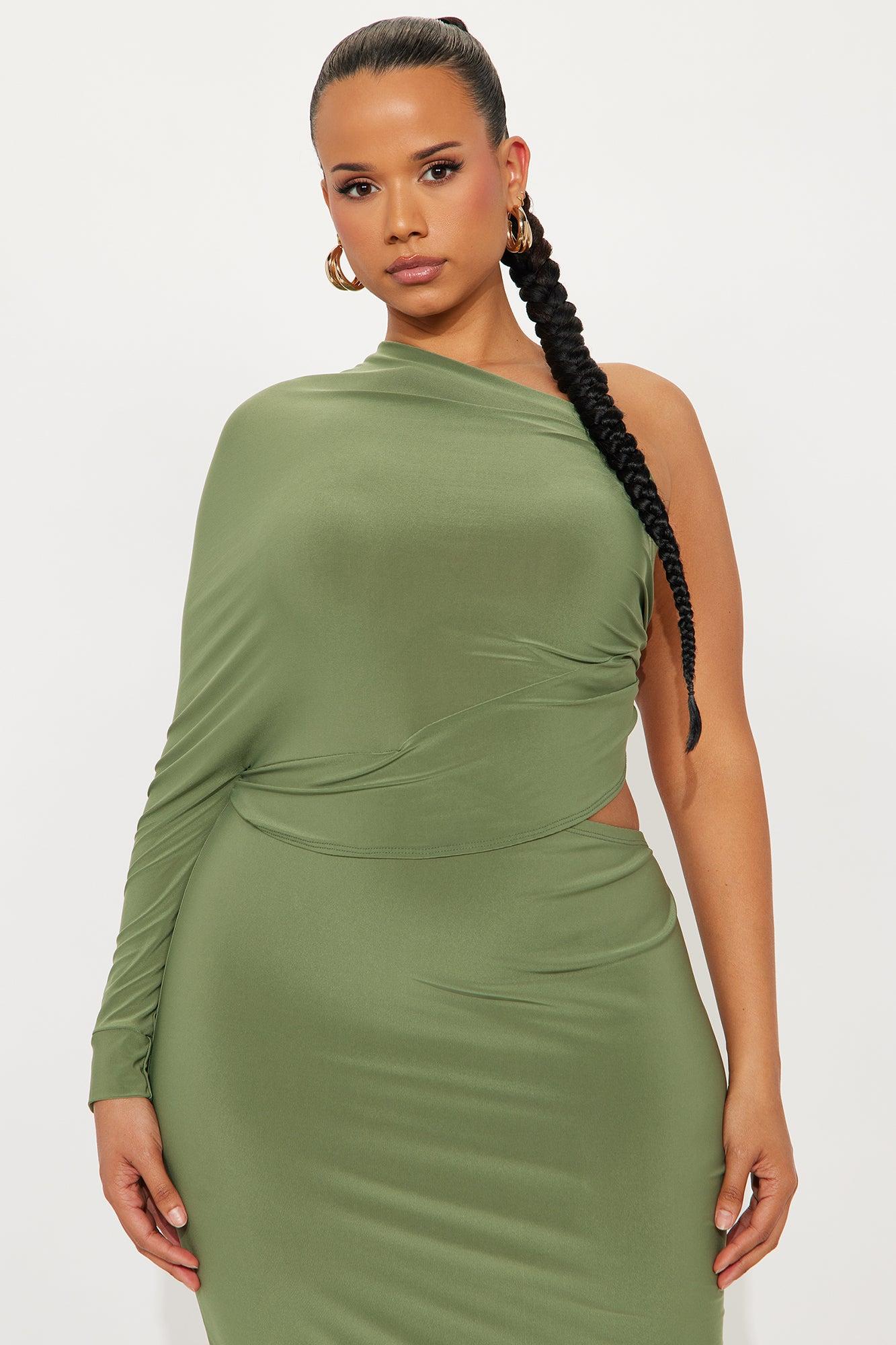 Sly Smile Asymmetrical Midi Dress - Olive Female Product Image
