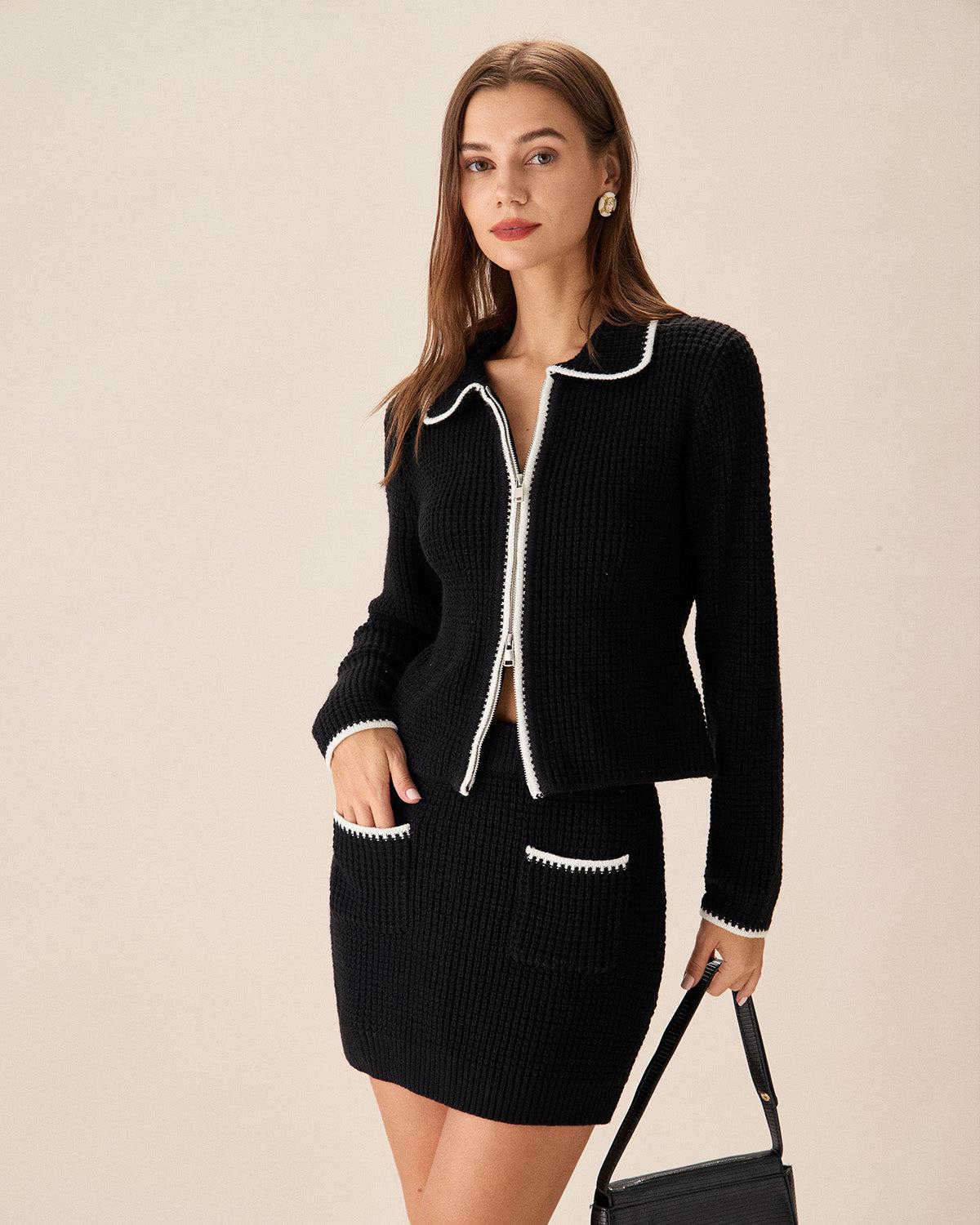 Black Contrasting Knit A-line Mini Skirt Product Image