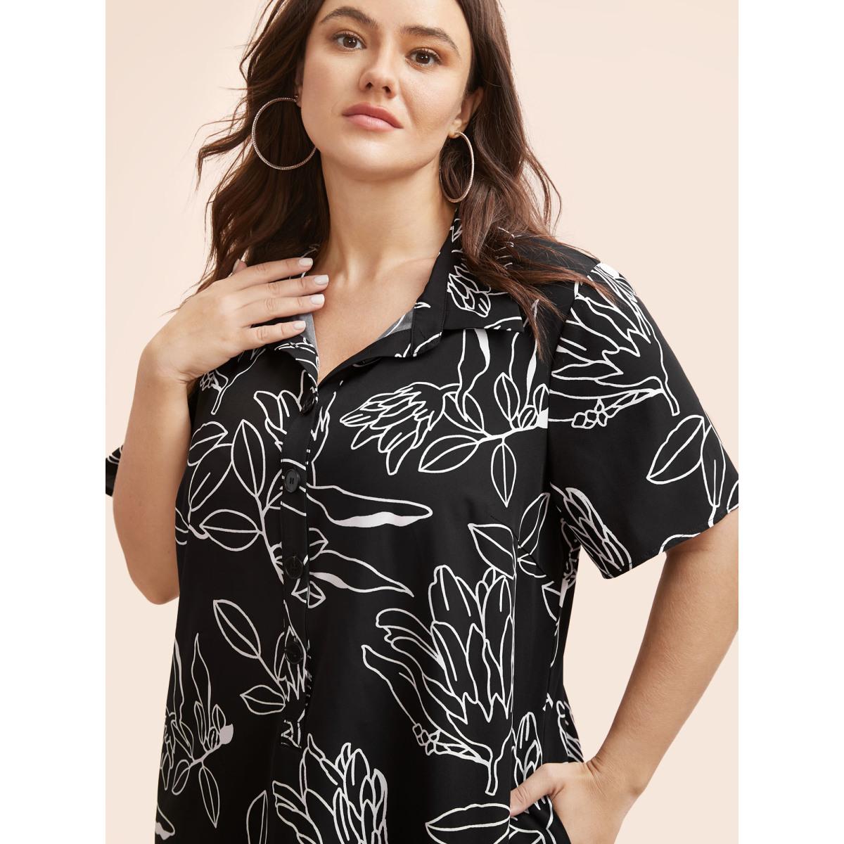 Plus Size Floral Shirt Collar Button Up Dress Black Women Elegant Button Shirt collar Short sleeve Curvy BloomChic 30/6X Product Image