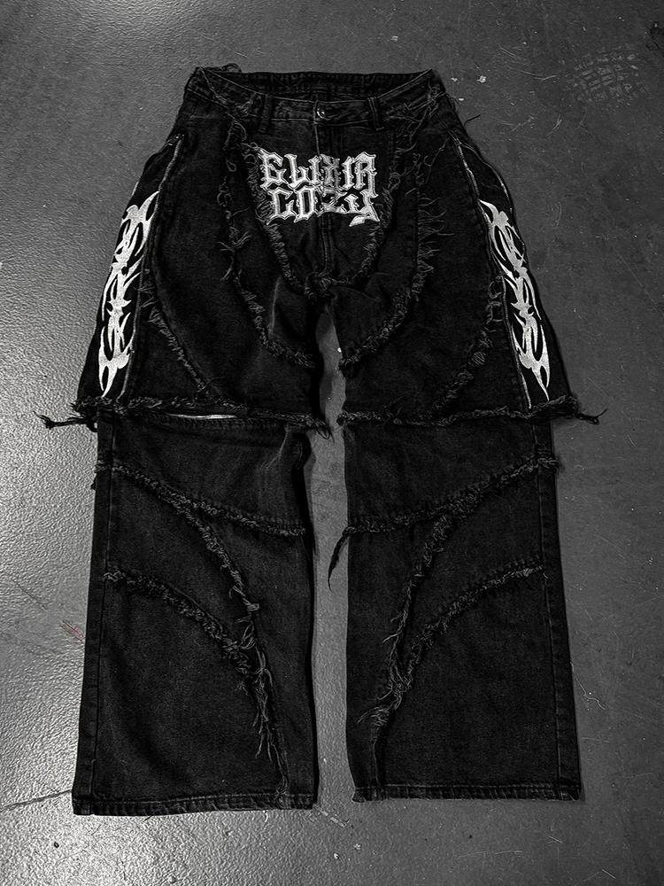 Hiphop Flame Distressed And Removable Denim Baggy Jeans Product Image