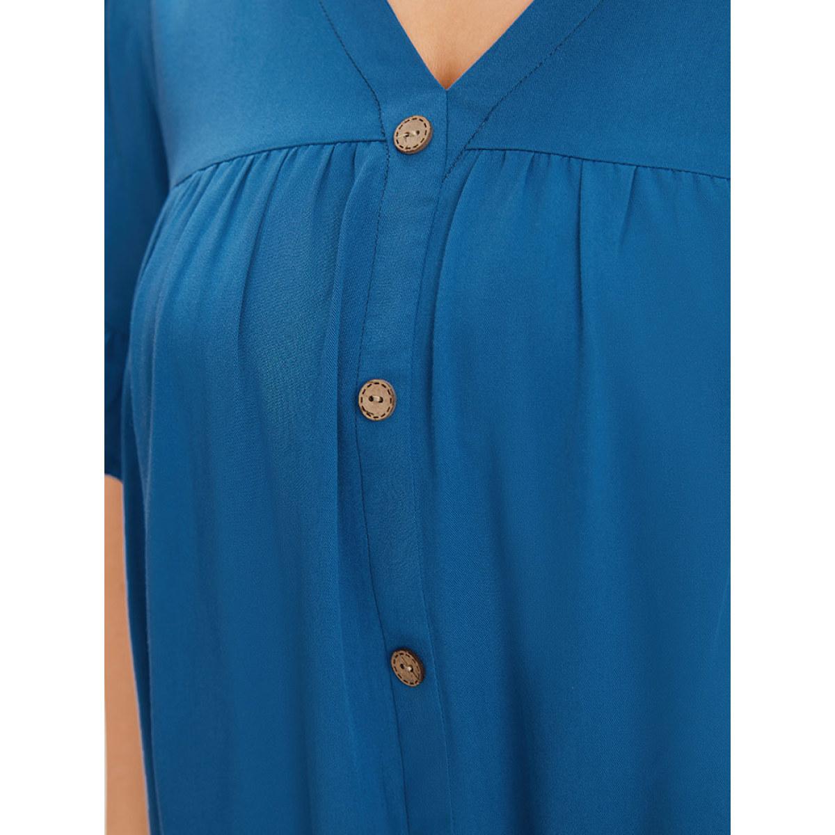 Plus Size Aegean Solid Flutter Trim Pleated Button Detail Blouse Women Office Short sleeve V-neck Work Blouses BloomChic 30/6X Product Image
