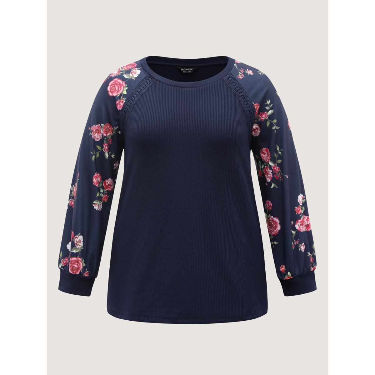 Plus Size Rosy Sleeve Textured Lace Solid Sweatshirt Women DarkBlue Leisure Woven ribbon&lace trim Round Neck Vacation Sweatshirts BloomChic 18-20/2X Product Image