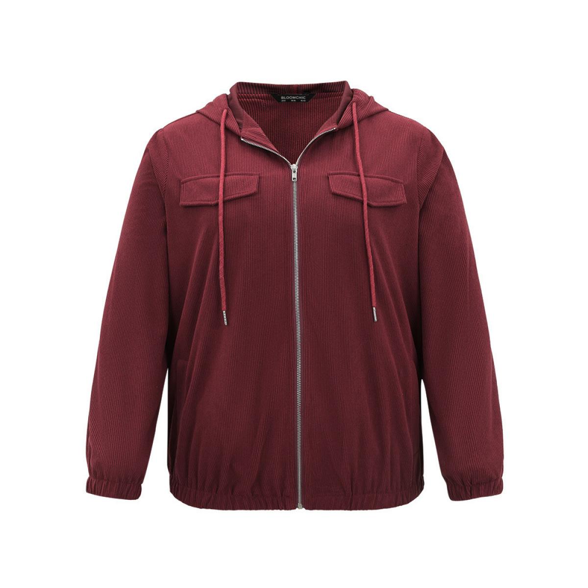 Plus Size Corduroy Hooded Flap Pocket Ties Jacket Women Burgundy Elastic cuffs Pocket Everyday Jackets BloomChic 18-20/2X Product Image