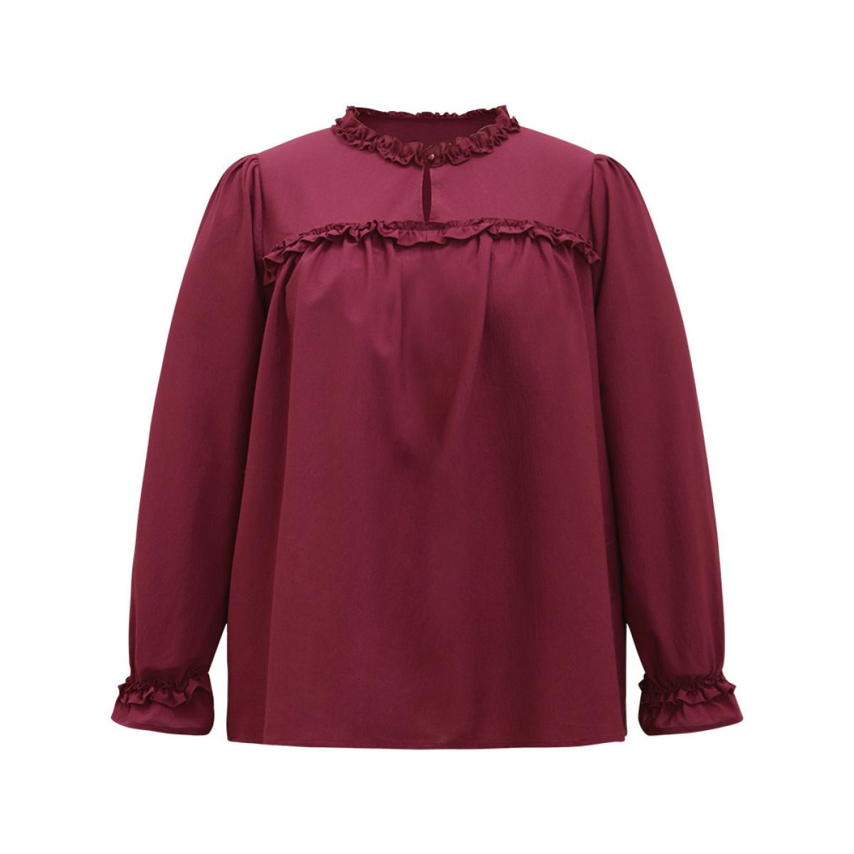 Plus Size Maroon Solid Frill Trim Puff Sleeve Blouse Women Office Long Sleeve Round Neck Office Blouses BloomChic 10/M Product Image