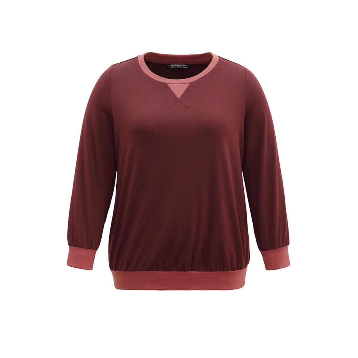 Plus Size Contrast Patchwork Stitch Detail Elastic Cuffs Sweatshirt Women Maroon Casual Plain Round Neck Dailywear Sweatshirts BloomChic 10/M Product Image