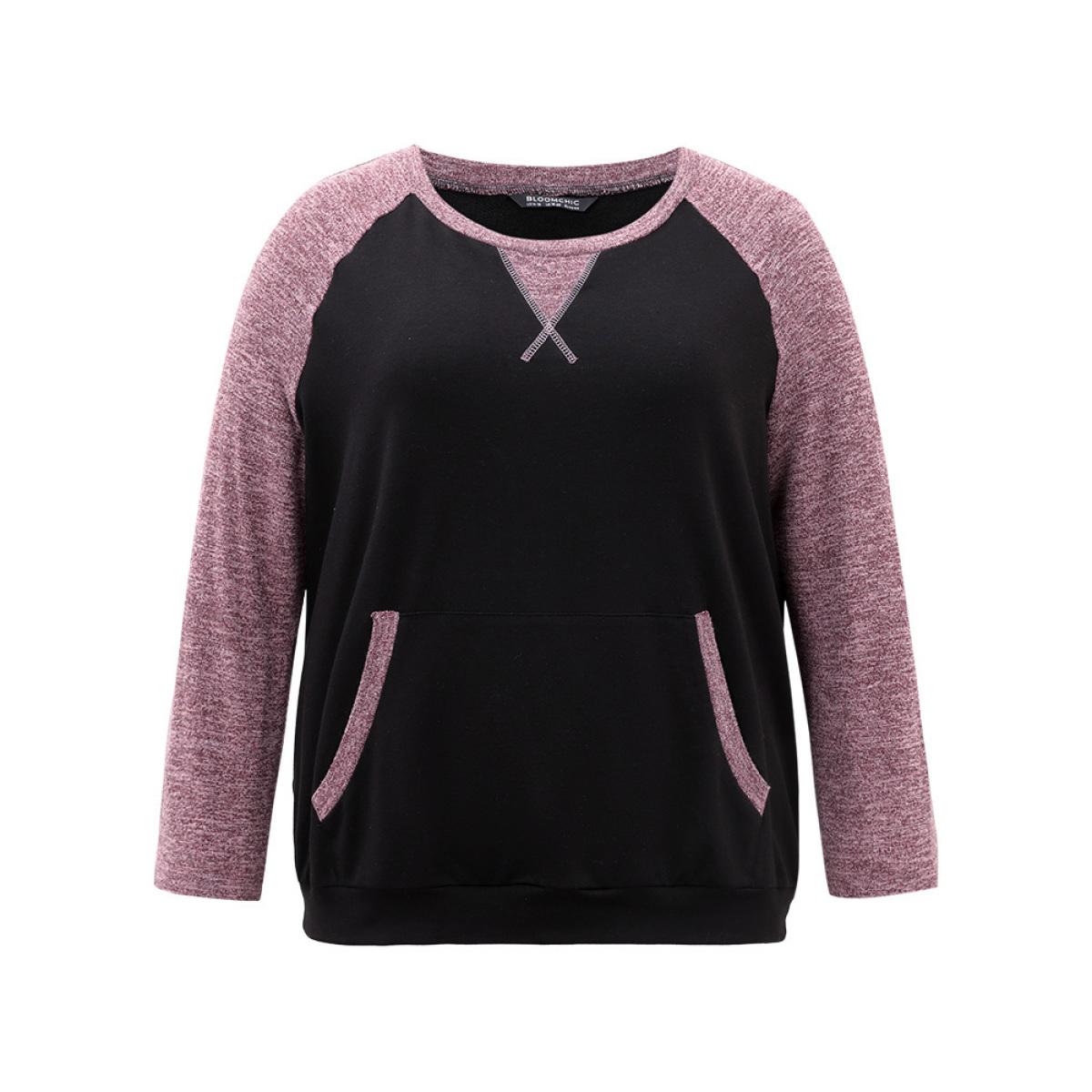 Plus Size Heather Stitch Pocket Raglan Sleeve Sweatshirt Women Black Casual Contrast Round Neck Dailywear Sweatshirts BloomChic 30/6X Product Image