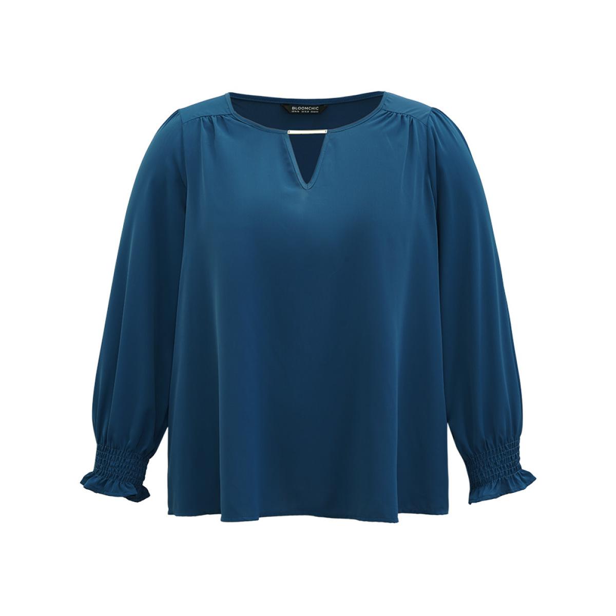 Plus Size Aegean Static-Free Plain Metal Detail Keyhole Shirred Blouse Women Office Long Sleeve Keyhole Cut-Out Office Blouses BloomChic 26/4X Product Image