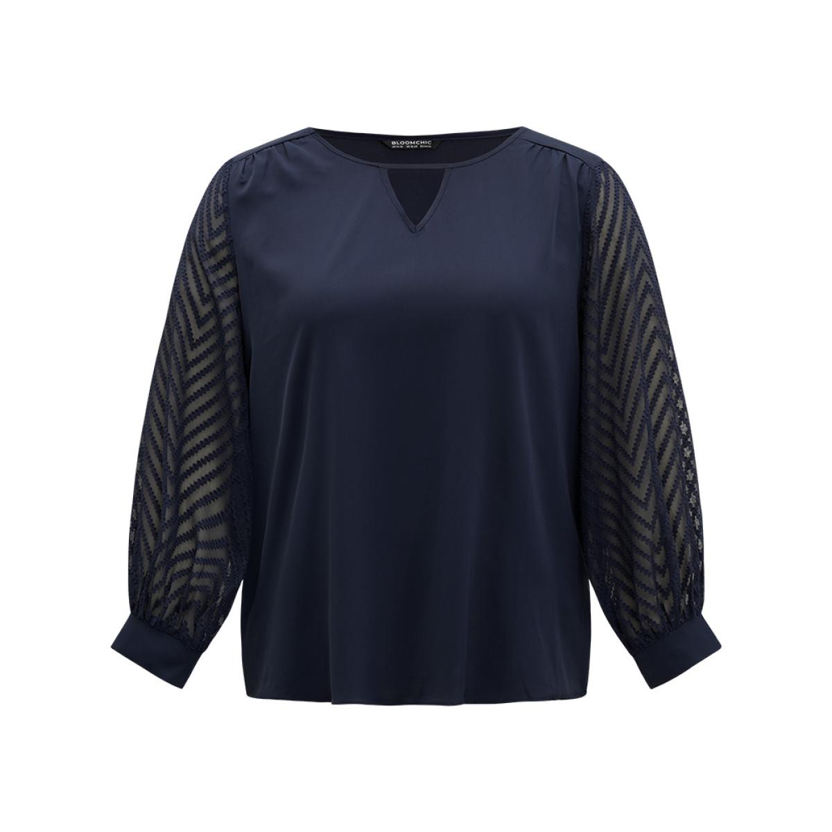 Plus Size Indigo Plain Keyhole Lace Patchwork Lantern Sleeve Blouse Women Office Long Sleeve Keyhole Cut-Out Work Blouses BloomChic 22-24/3X Product Image