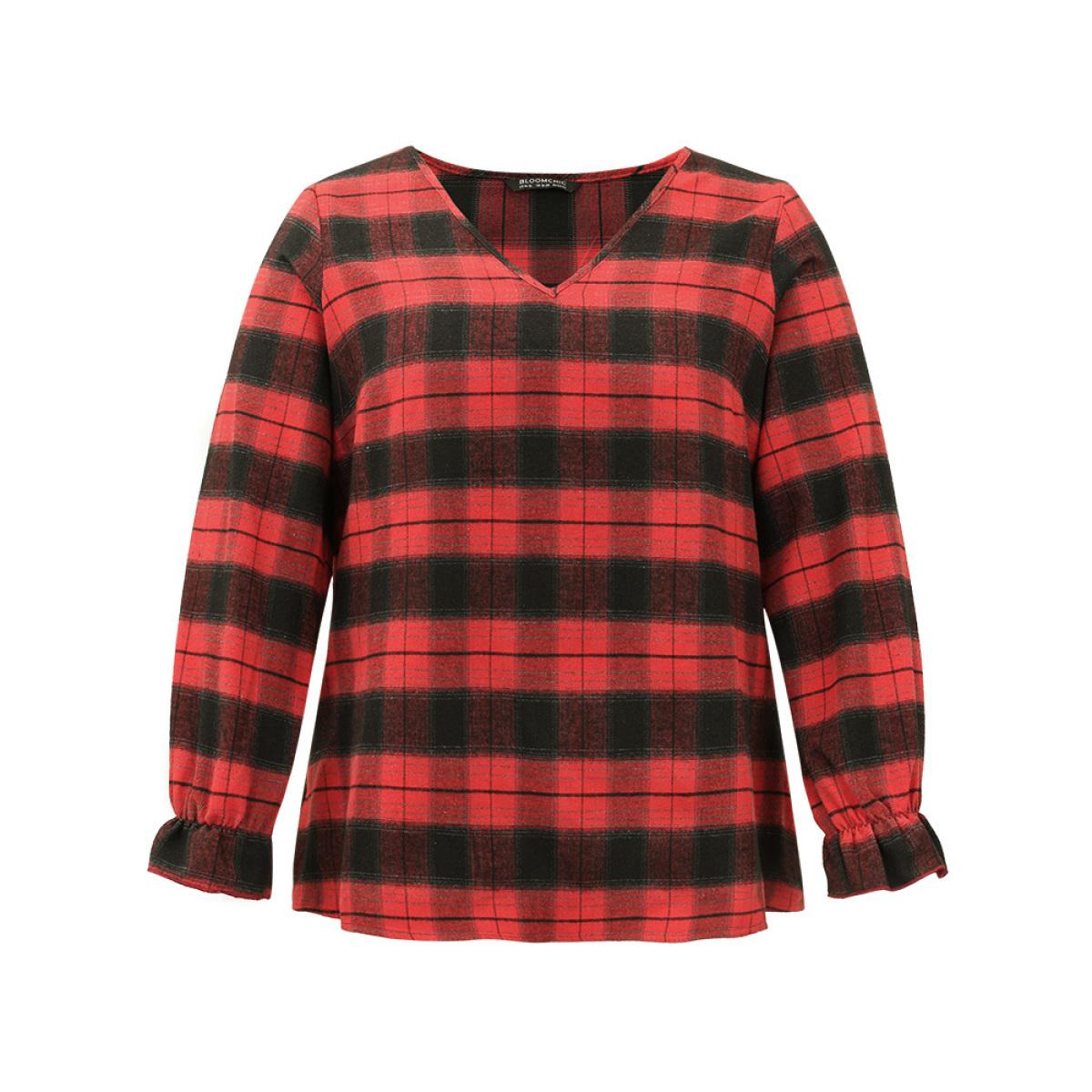 Plus Size Scarlet Plaid V Neck Lantern Sleeve Ruffles Blouse Women Elegant Long Sleeve V-neck Festival-Christmas Blouses BloomChic 14-16/1X Product Image