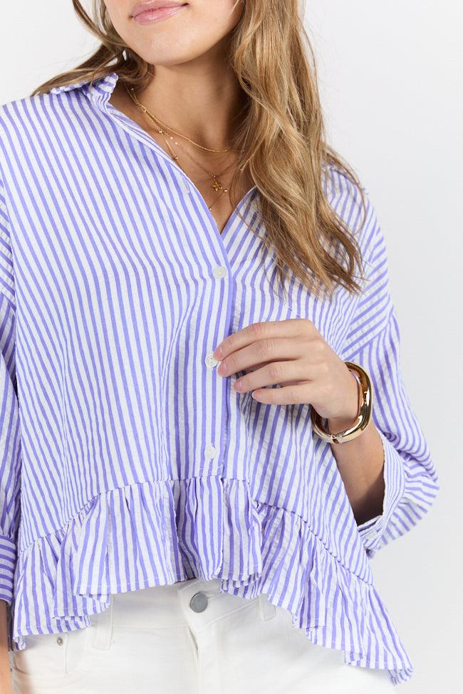 In Depth Blue Ruffle Hem Textured Stripe Button Down Top SALE Product Image