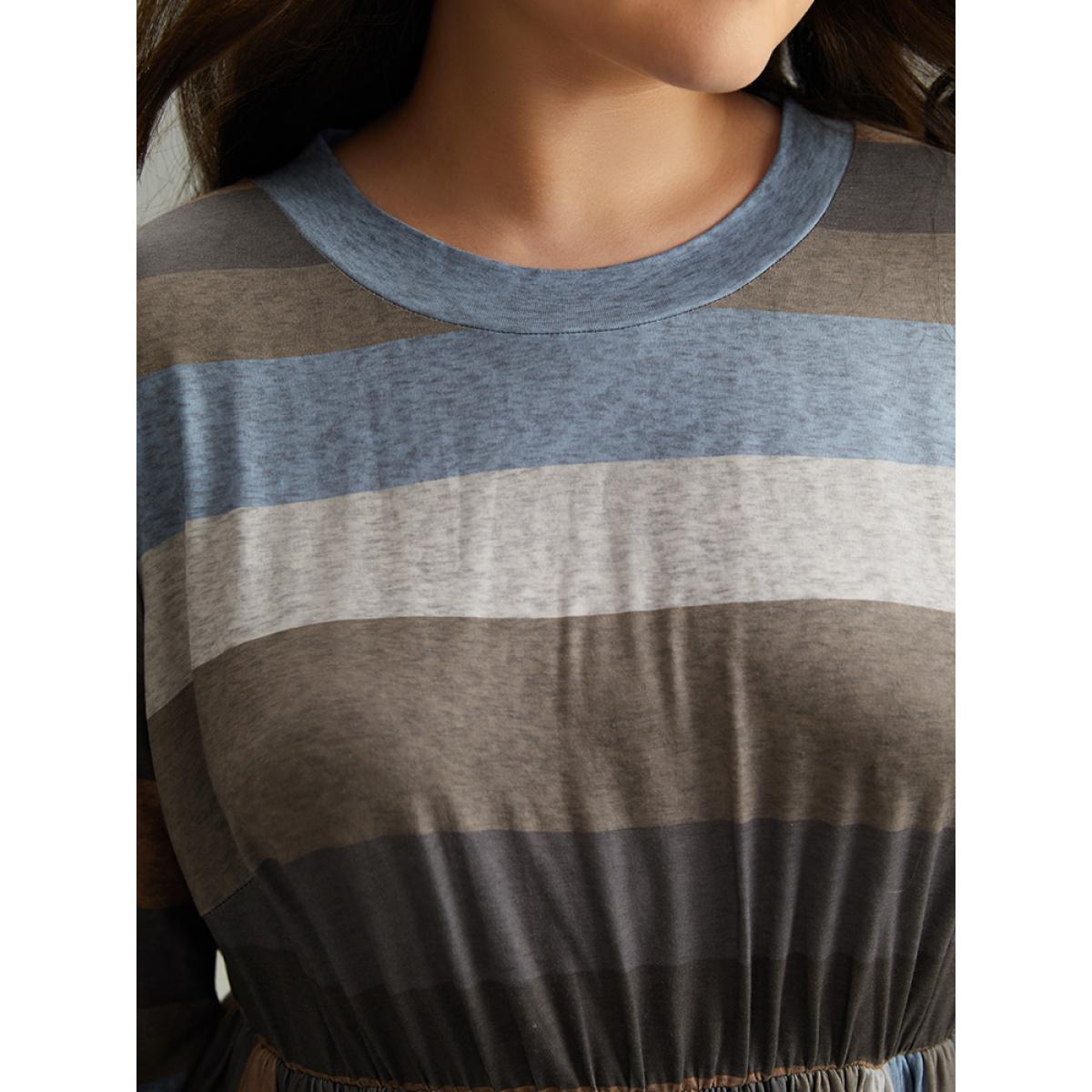 Plus Size Striped Colorblock Contrast Lantern Sleeve Dress Multicolor Women Casual Elastic cuffs Round Neck Long Sleeve Curvy Midi Dress BloomChic 14-16/1X Product Image