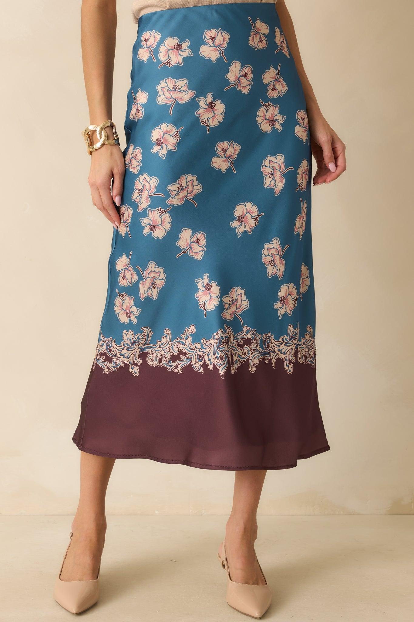 Don’t Hold Back Blue Multi Floral Print Satin Maxi Skirt L / Blue Product Image