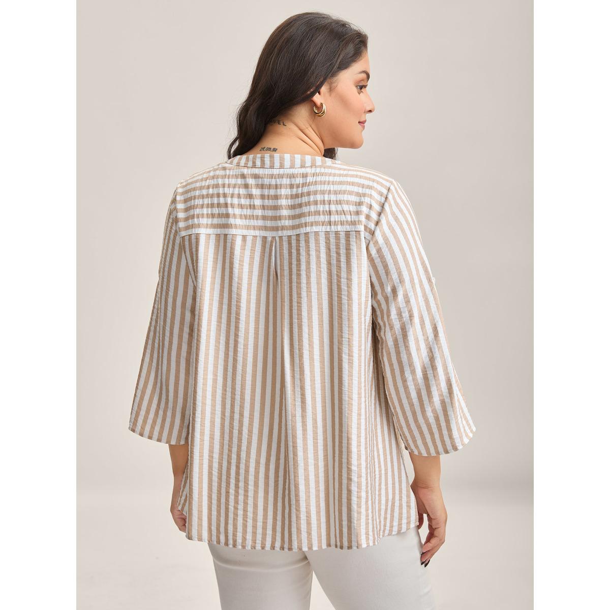 Plus Size Apricot Stripe Print Tab Sleeve Notched Collar Blouse Women Elbow-length sleeve Notched collar Work Blouses BloomChic 28/5X Product Image
