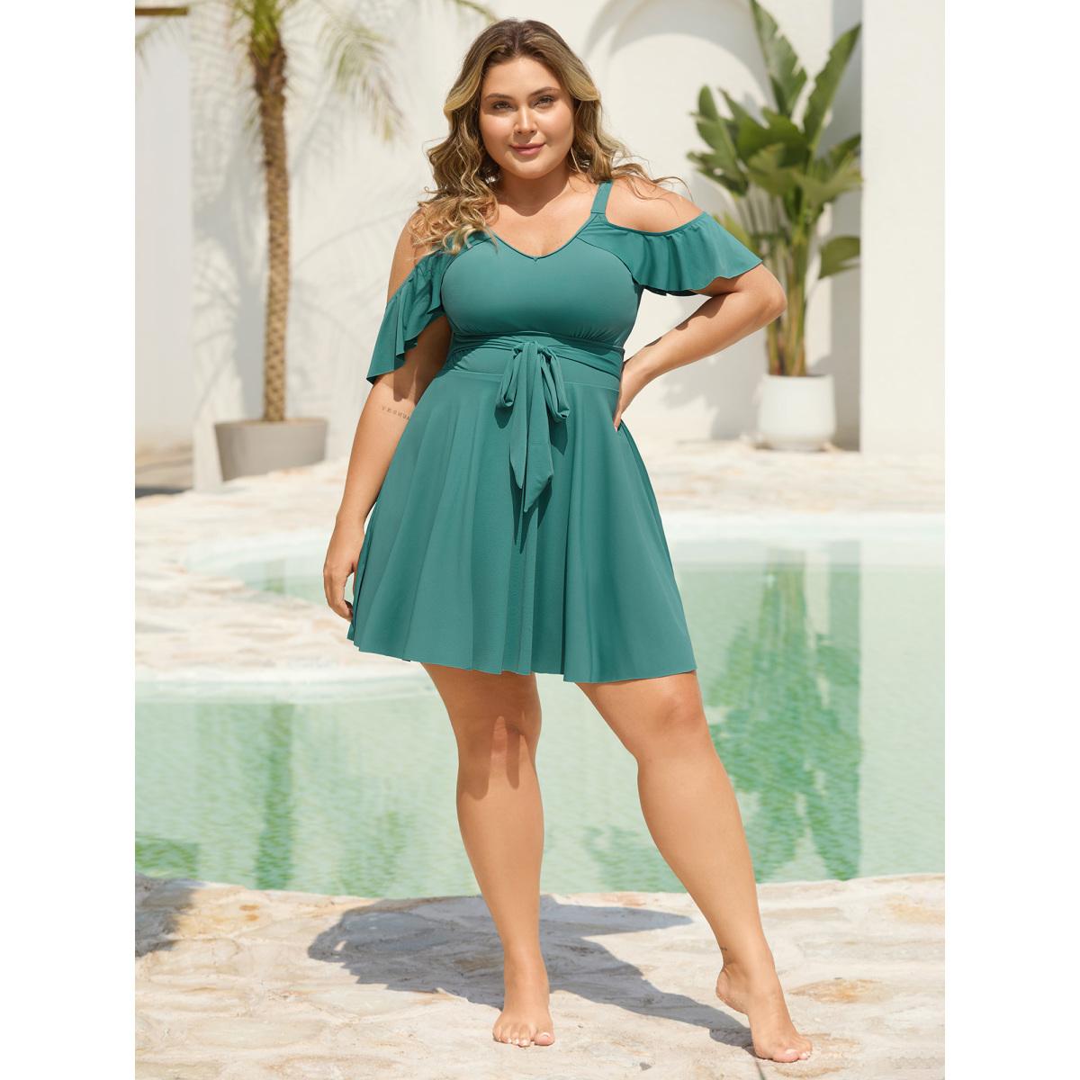 Plus Size Off Shoulder Lotus Leaf Edge Belted Swim Dress Women's Swimwear Turquoise Beach Bodycon One-shoulder neck High stretch Curve Swim Dresses BloomChic 18-20/2X Product Image