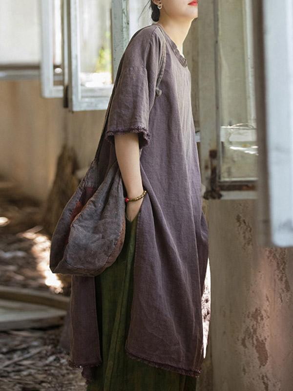 Half Sleeves High-low Fringed Solid Color Split-Joint Split-side Round-neck Midi Dresses Product Image