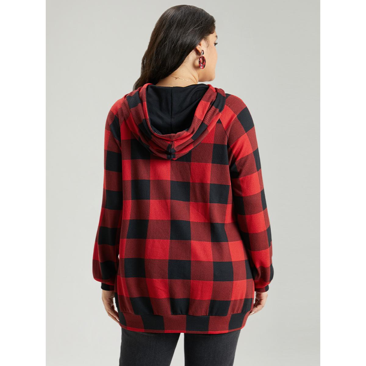 Plus Size Letter Plaid Hooded Drawstring Pocket Sweatshirt Women Red Casual Elastic cuffs Hooded Festival-Christmas Sweatshirts BloomChic 12/L Product Image