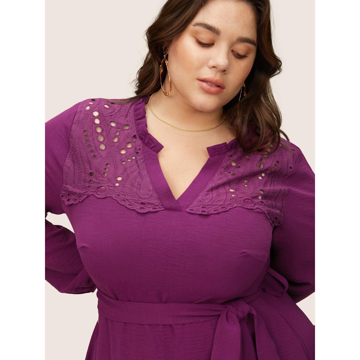 Plus Size Solid Lace Panel Cut Out Belted Gathered Dress Purple Women Elegant Non Notched collar Long Sleeve Curvy Knee Dress BloomChic 18-20/2X Product Image