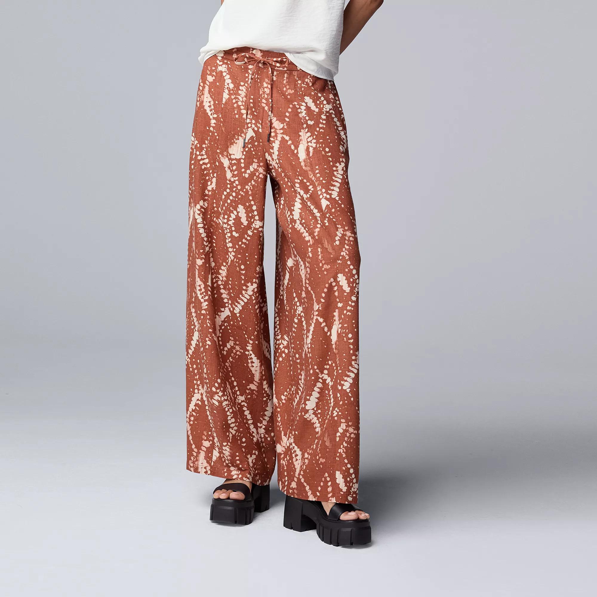 Petite Simply Vera Vera Wang Wide Leg Linen Pants, Women's, Size: Large Petite, Brown Diamond Dye Product Image