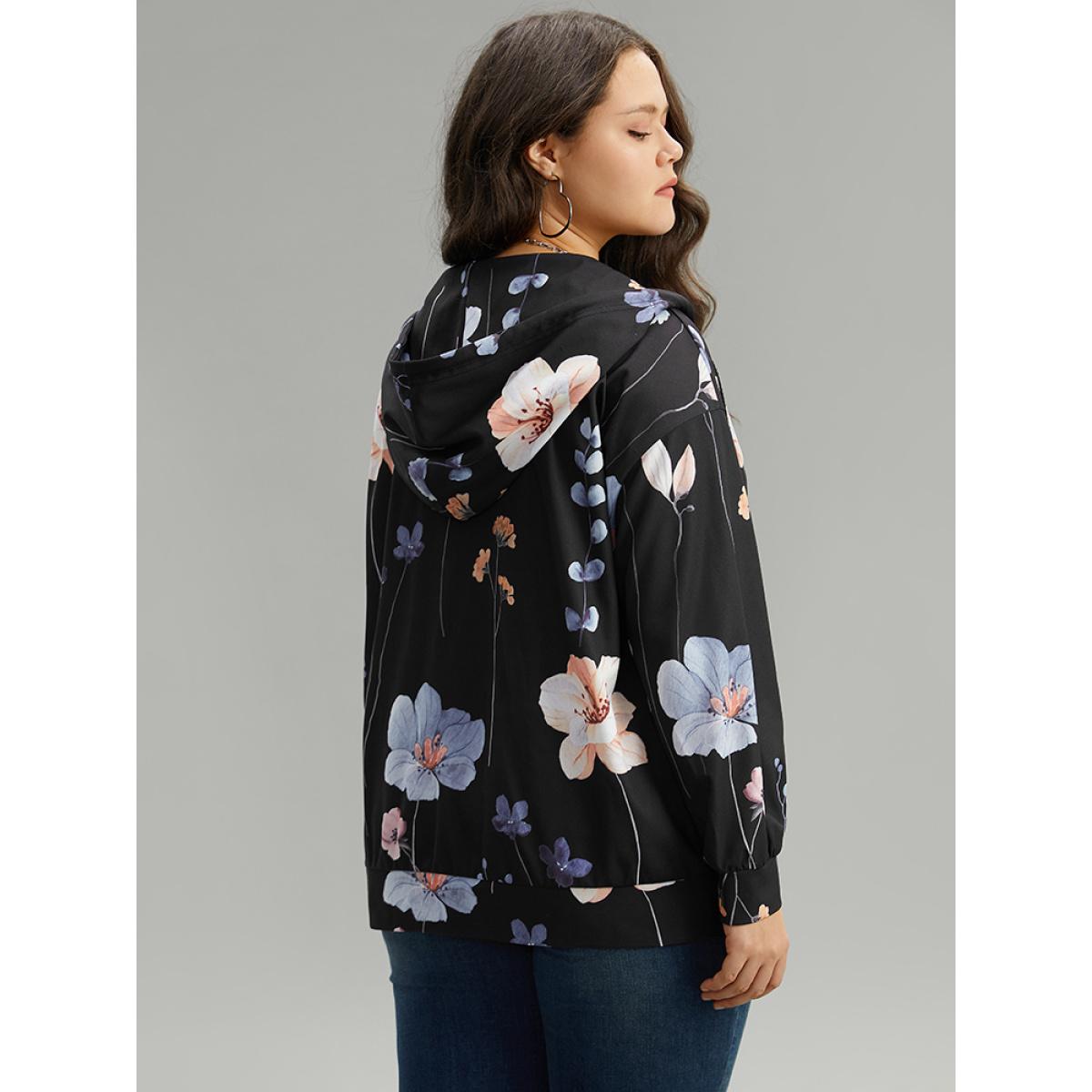 Plus Size Floral Print Zipper Hooded Pocket Windbreaker Women Black Printed Pocket Dailywear Jackets BloomChic 26/4X Product Image