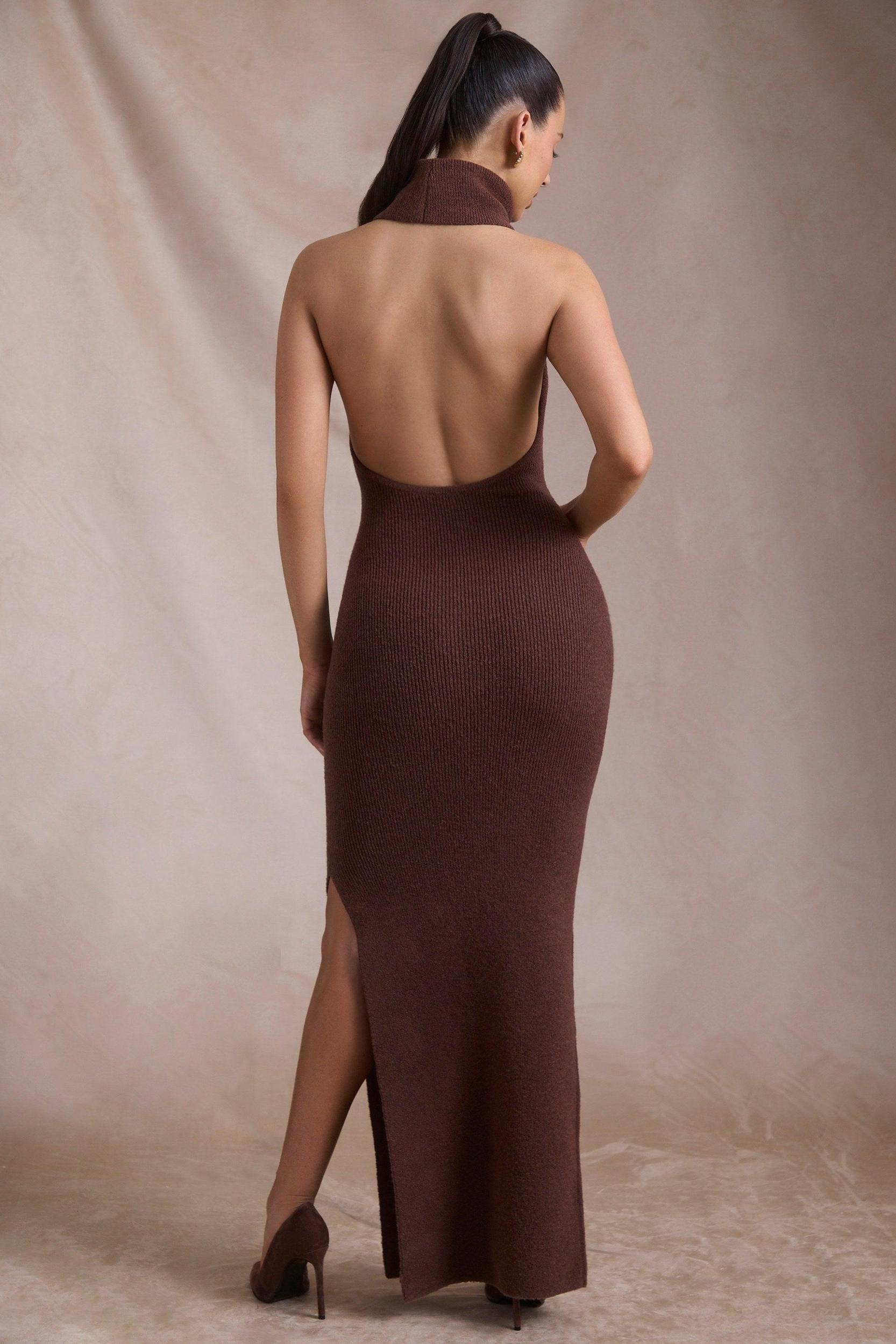 Ribbed-Knit Turtleneck Backless Maxi Dress in Espresso Product Image