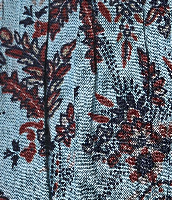 Intro Crinkle Gauze Paisley Print Crew Neck Elbow Sleeve Smocked Detail Button Front Blouse Product Image