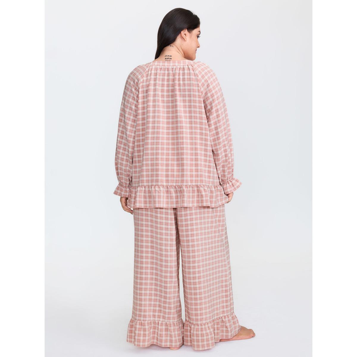 Plus Size Gingham Ruffled Hem Loungewear Set Women Rouge Button Extra Long Sleeve Round Neck Leisure Loungewear Sets BloomChic 26/4X Product Image