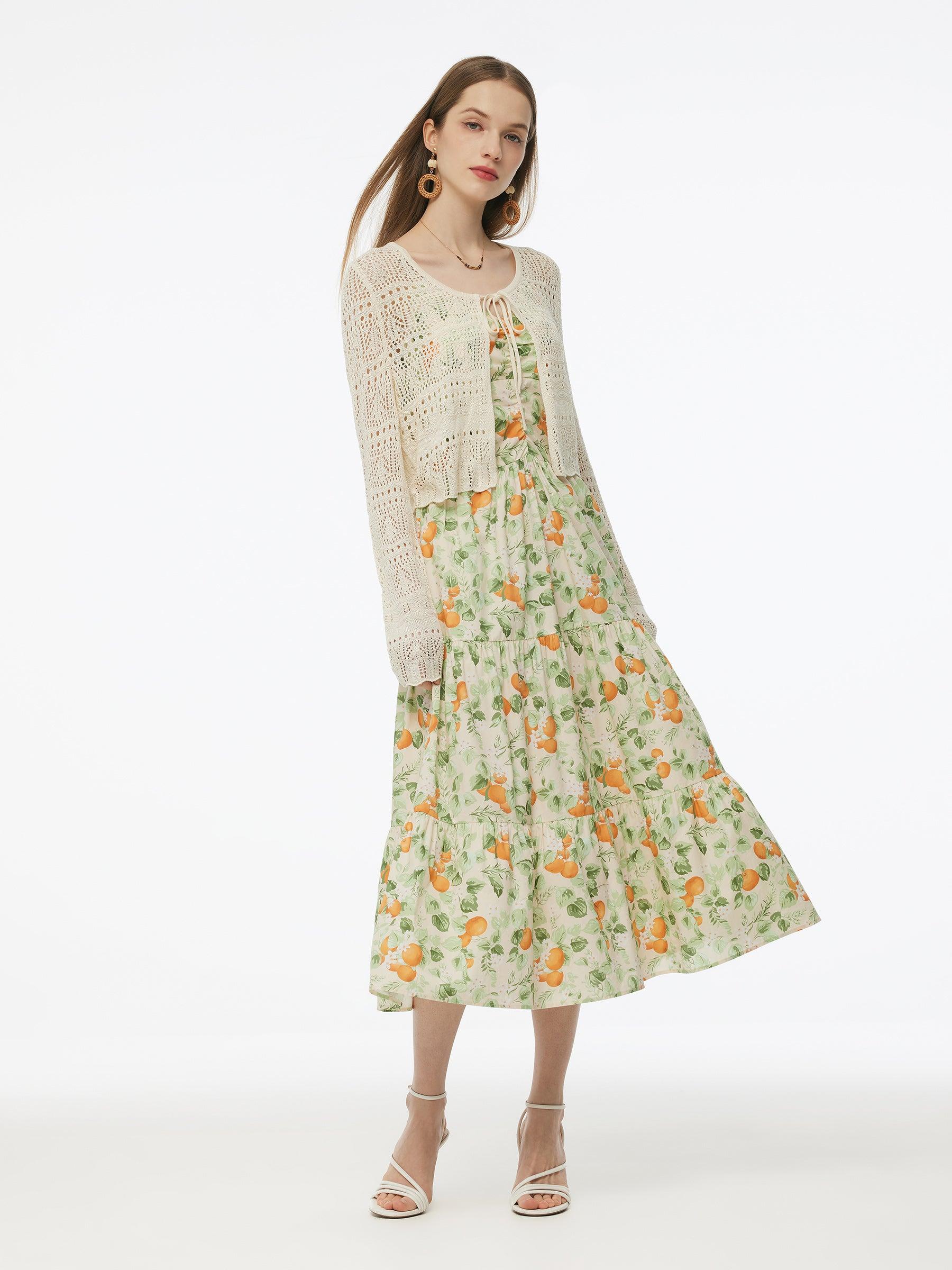 Cotton Floral Print Strap Maxi Dress And Openwork Cardigan Two-Piece S Product Image