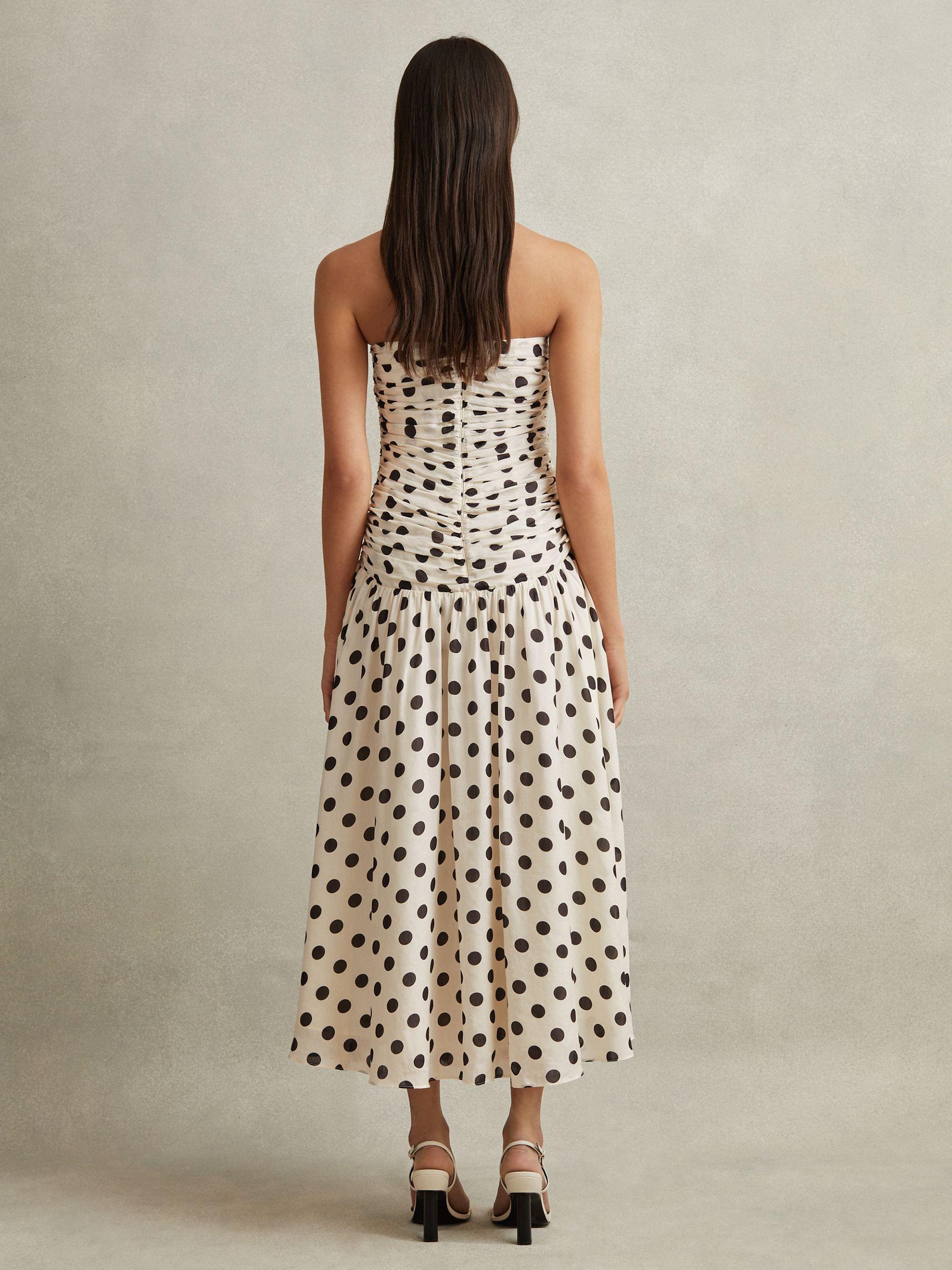 Viscose Linen Polka Dot Ruched Maxi Dress in White/Black Product Image