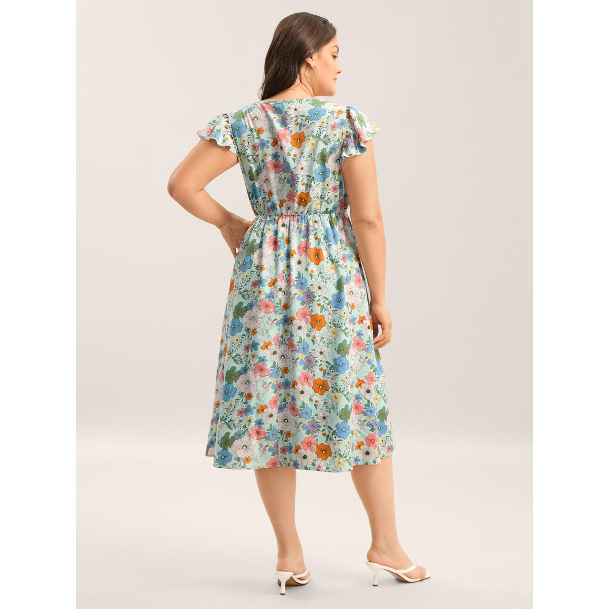 Plus Size Floral Print Flutter Sleeve Pockets Midi Dress LightBlue Women Timeless Square Neck Cap Sleeve Curvy BloomChic 30/6X Product Image