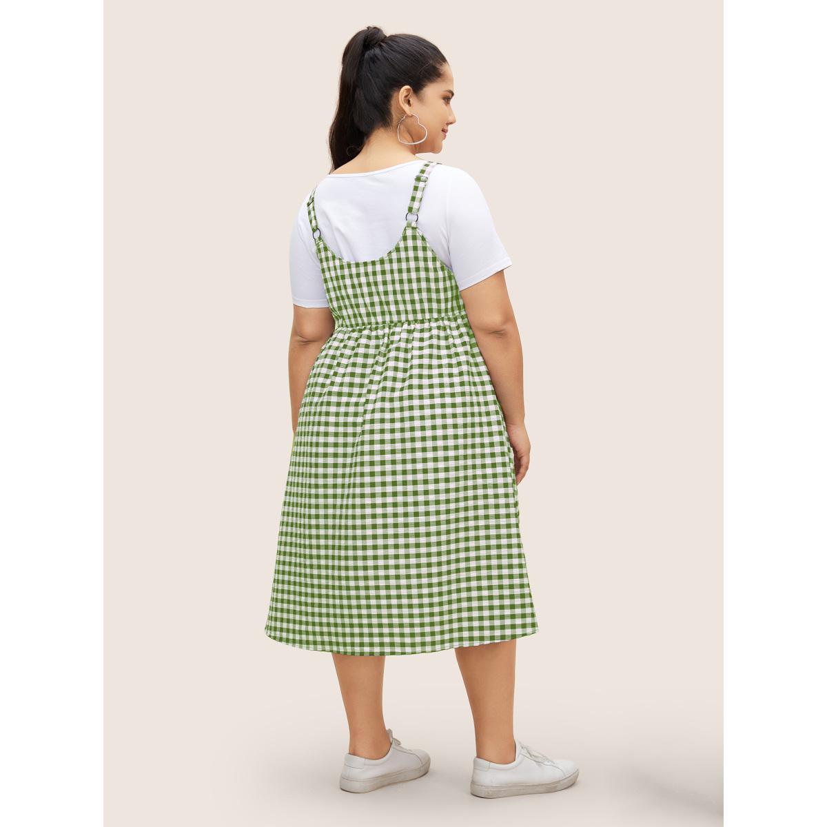 Plus Size Round Neck Gingham Adjustable Straps Dress Moss Women Casual Gathered Round Neck Sleeveless Curvy BloomChic 18-20/2X Product Image