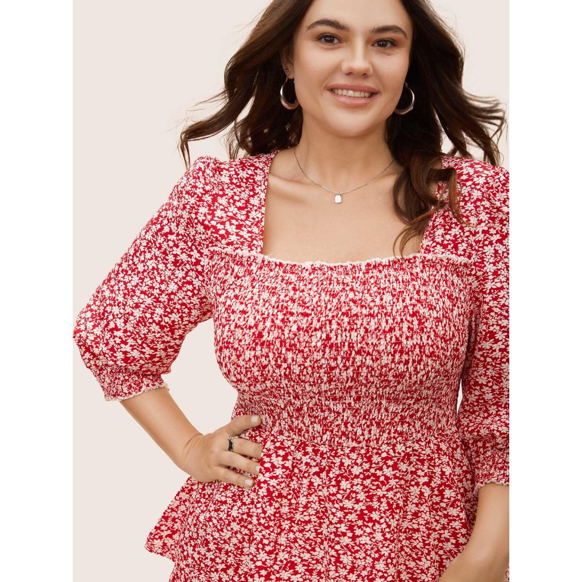 Plus Size Crimson Square Neck Ditsy Floral Shirred Blouse Women Elegant Elbow-length sleeve Square Neck Everyday Blouses BloomChic 22-24/3X Product Image
