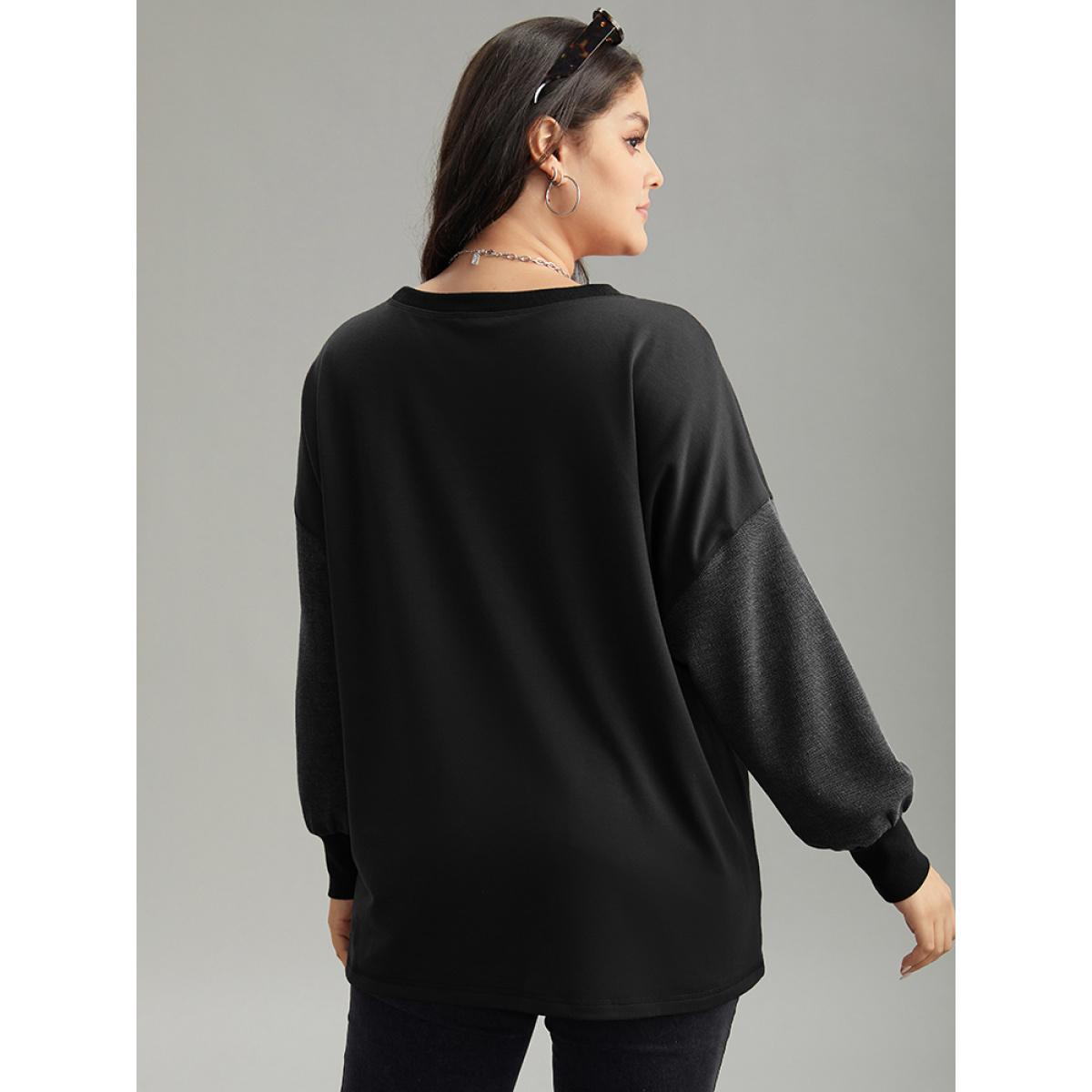 Plus Size Two Tone Patched Pocket Drop Shoulder Sweatshirt Women Black Casual Elastic cuffs Round Neck Everyday Sweatshirts BloomChic 14-16/1X Product Image