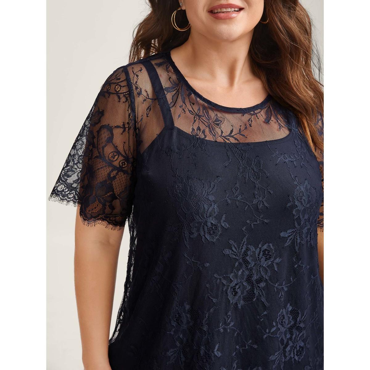 Plus Size Two-Piece Romantic Sheer Lace Lined T-Shirt Indigo Women Romantic See through Round Neck Elegant T-shirts BloomChic 30/6X Product Image