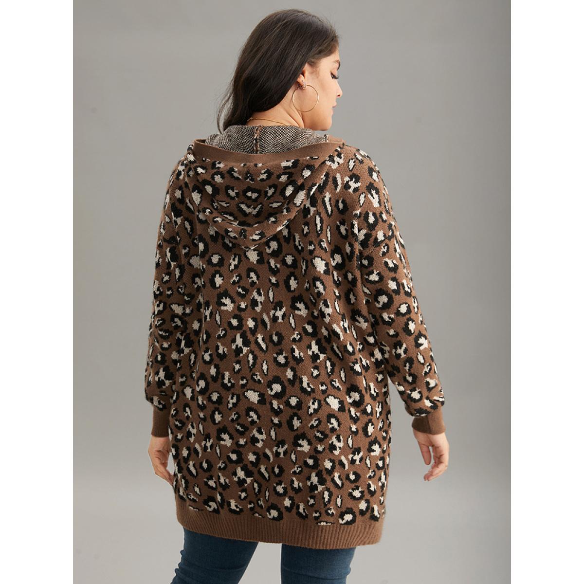 Plus Size Supersoft Essentials Leopard Hooded Pocket Cardigan DarkBrown Women Casual Loose Long Sleeve Dailywear Cardigans BloomChic 18-20/2X Product Image