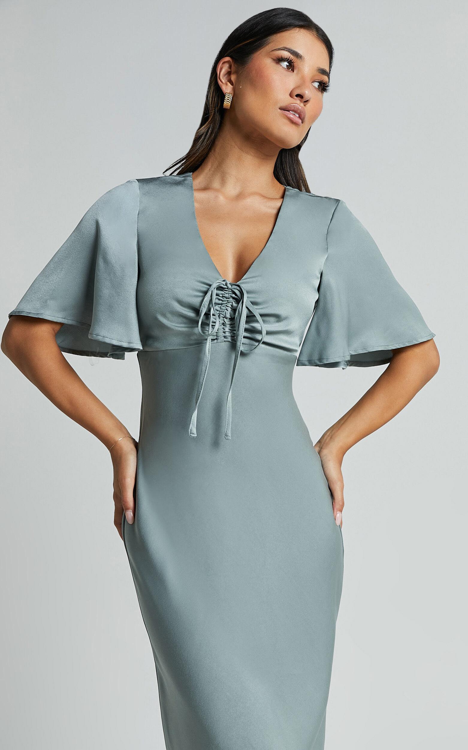 Nicholla Midi Dress - Ruched Front Angel Sleeve Slip Dress in Sage Product Image
