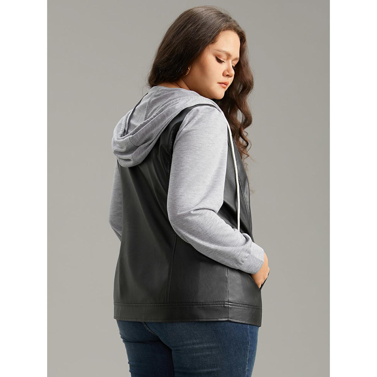 Plus Size PU Leather Zipper Hooded Drawstring Jacket Women Black Contrast Pocket Everyday Jackets BloomChic 22-24/3X Product Image