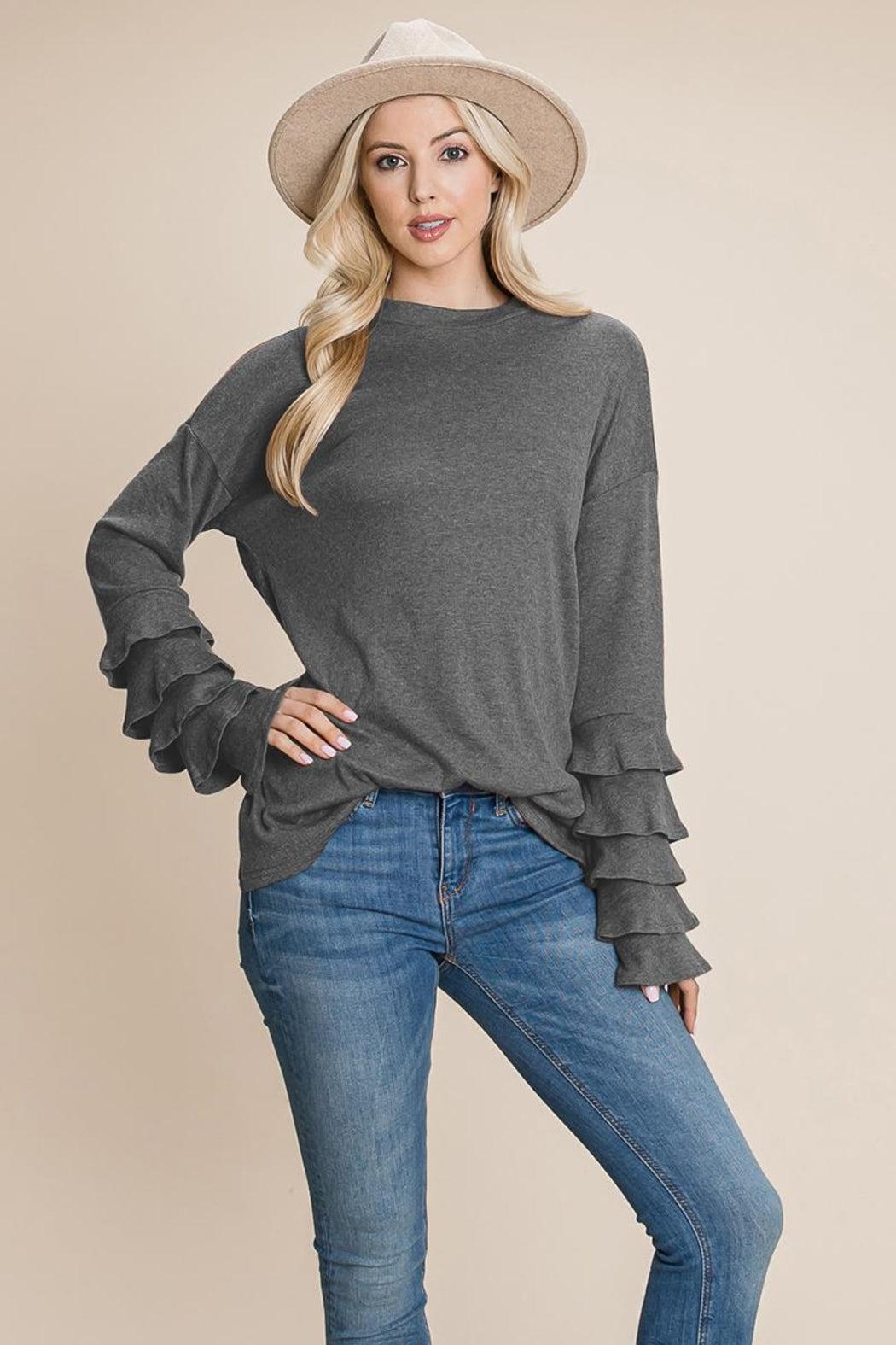 Long Sleeve Ruffle Layered Shirred Sweaters Shirts Product Image