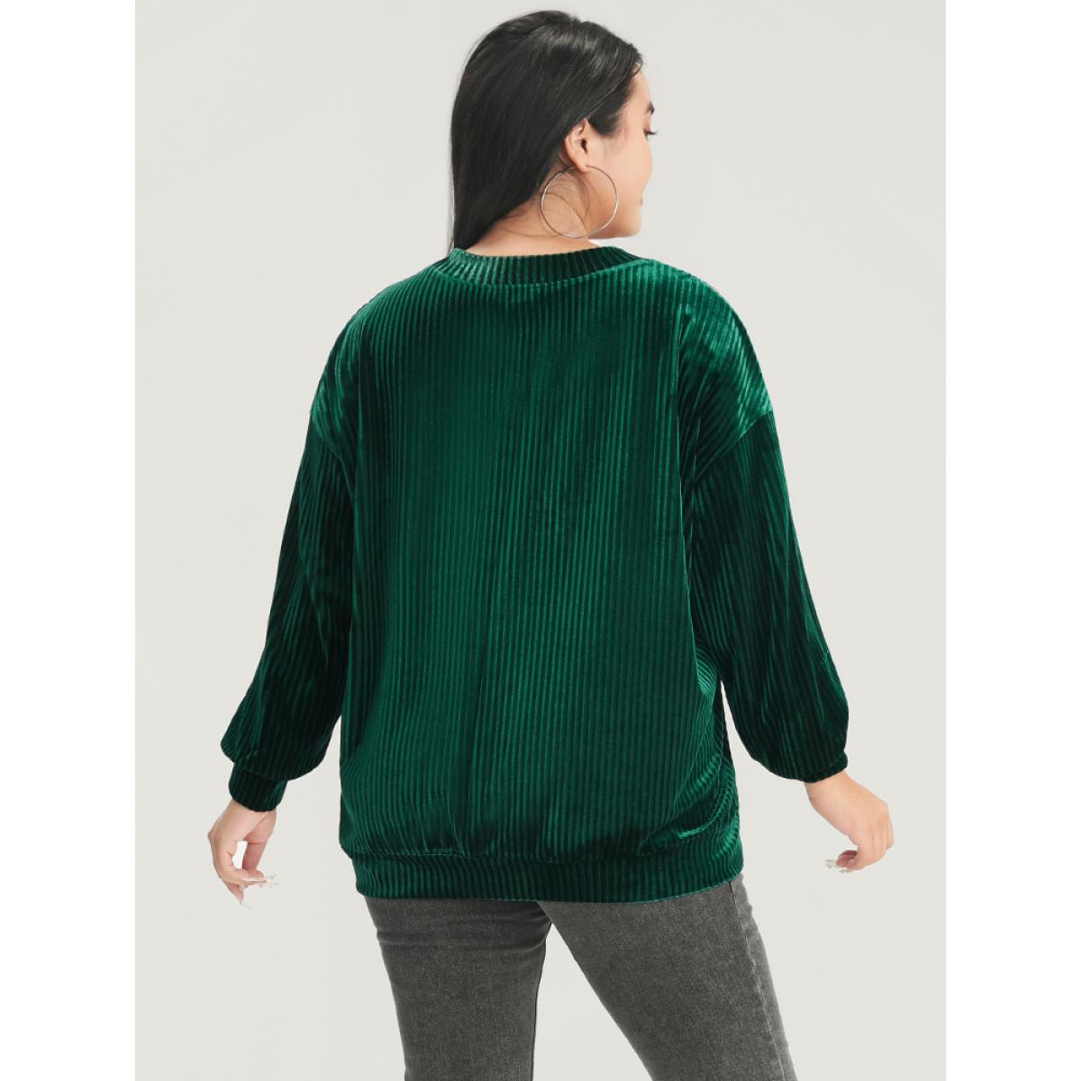 Plus Size Solid V Neck Rib Knit Velvet Sweatshirt Women DarkGreen Party Plain V-neck Going out Sweatshirts BloomChic 22-24/3X Product Image