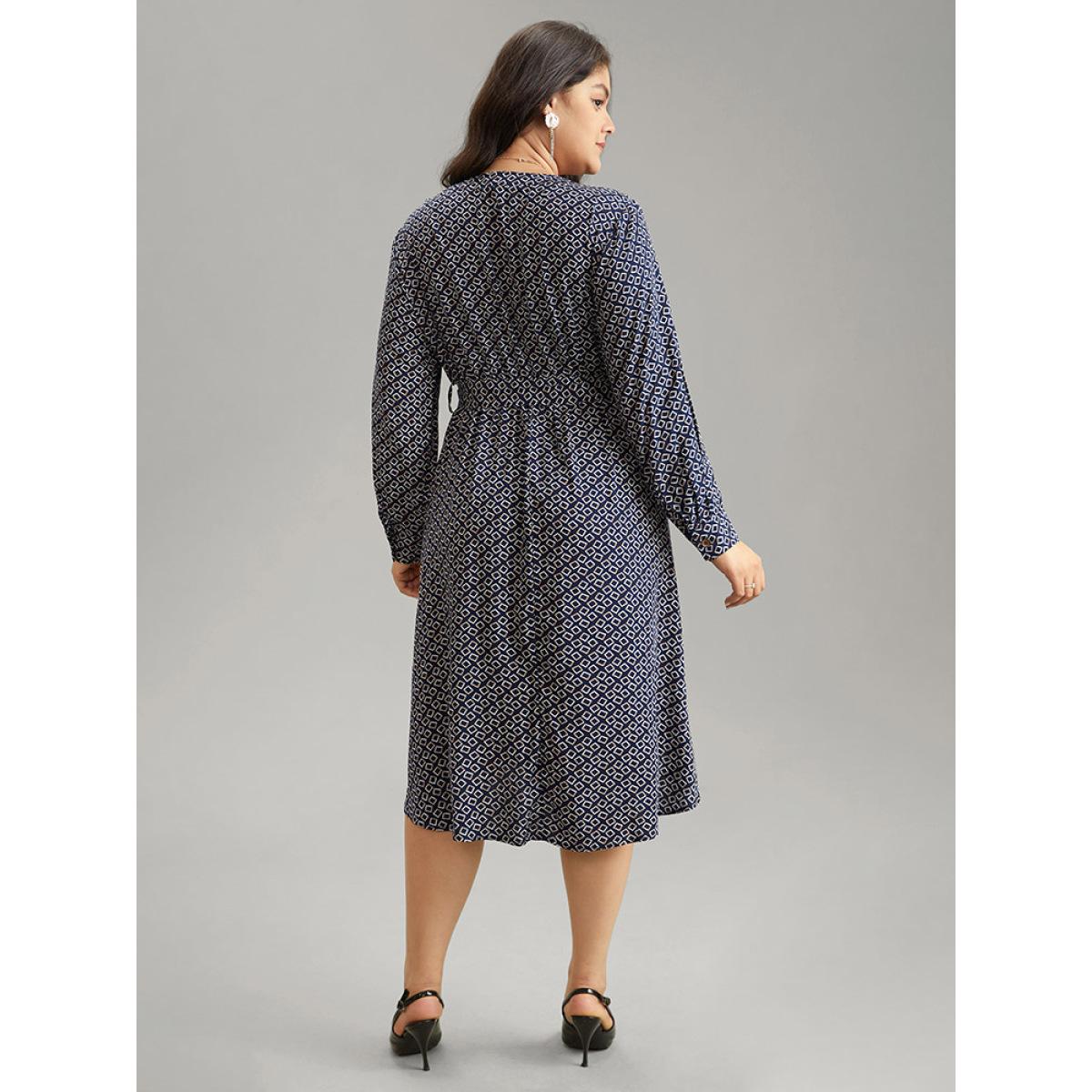 Plus Size Geometric Graphic Notched Zipper Bowknot Dress DarkBlue Women At the Office Belted Notched collar Long Sleeve Curvy Midi Dress BloomChic 30/6X Product Image