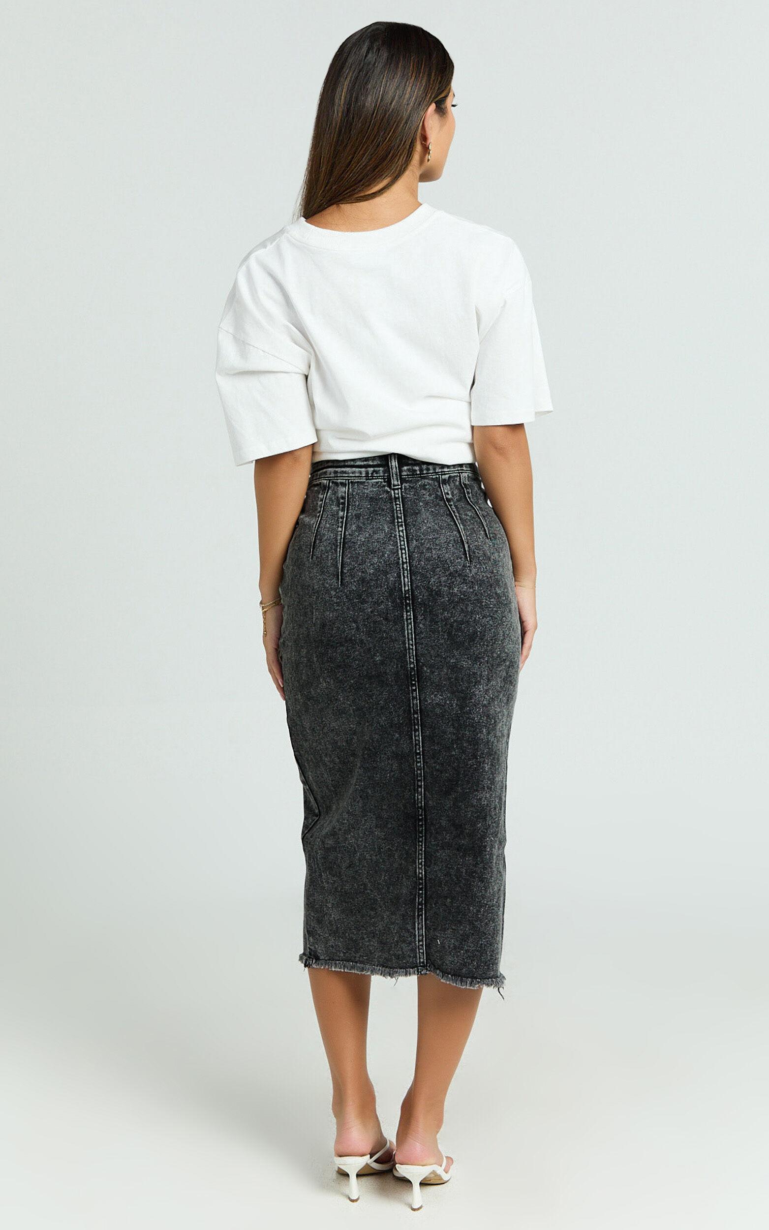 Janeve Midi Skirt - Front Split Denim Skirt in Black Acid Wash Product Image