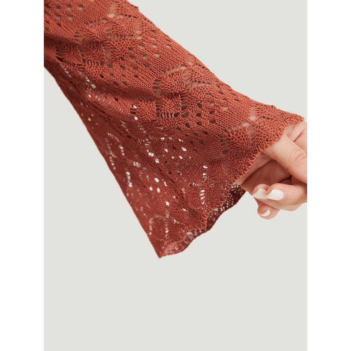 Plus Size Hollow Out Button Down Bell Sleeve Cardigan Rust Women Casual Loose Long Sleeve Everyday Cardigans BloomChic 10/M Product Image