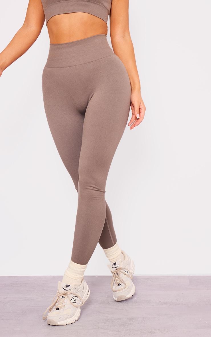 Taupe Seamless High Waist Detail Gym Leggings Product Image