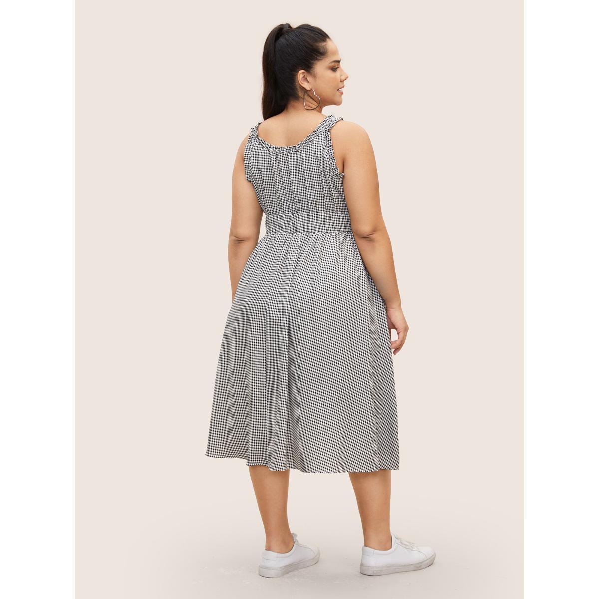 Plus Size Gingham Frill Trim Gathered Midi Dress Black Women Casual Gathered Round Neck Sleeveless Curvy BloomChic 14-16/1X Product Image