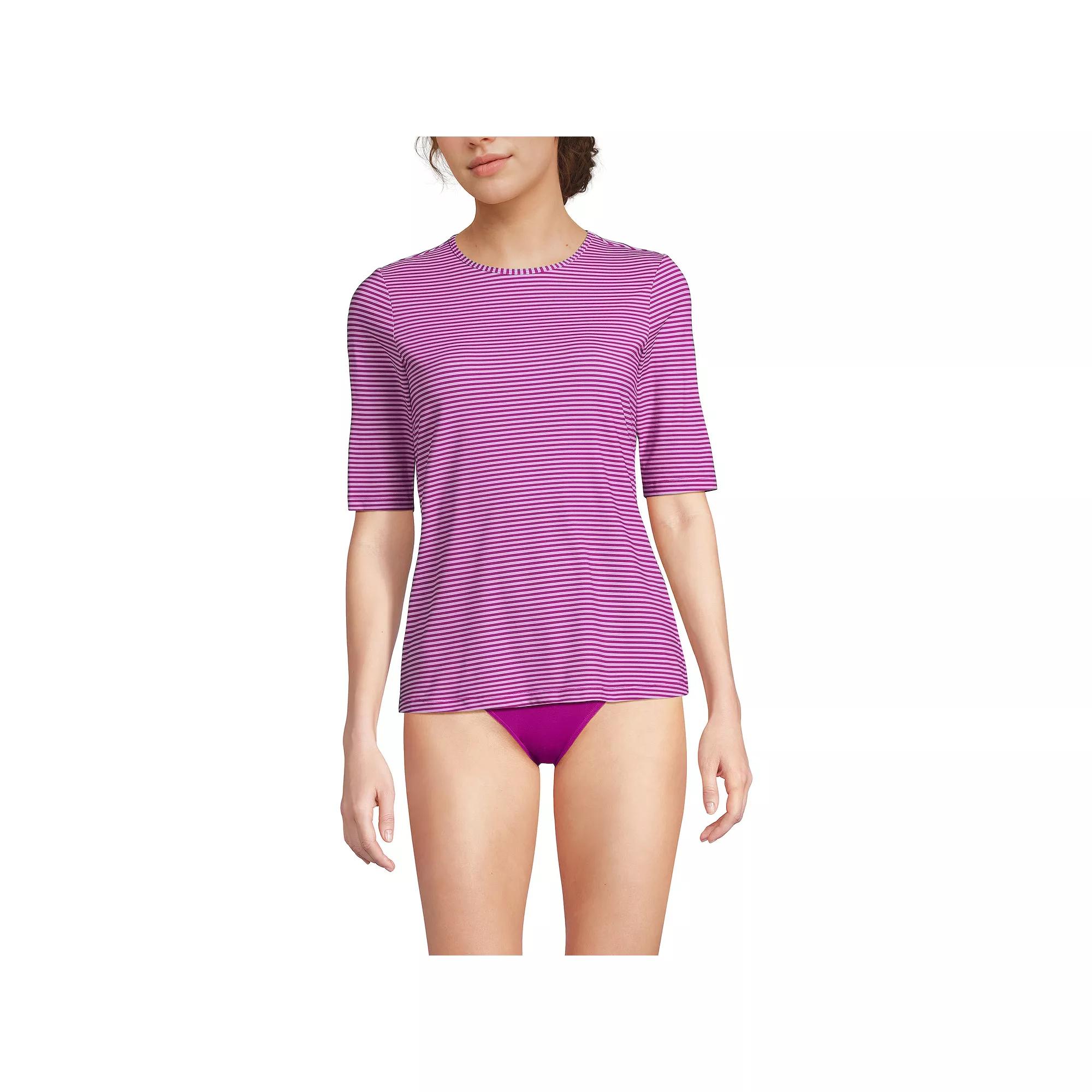 Women's Lands' End UPF 50 Elbow-Sleeve Rash Guard Swim Tee, Size: XL, Red Rose Stripe Product Image