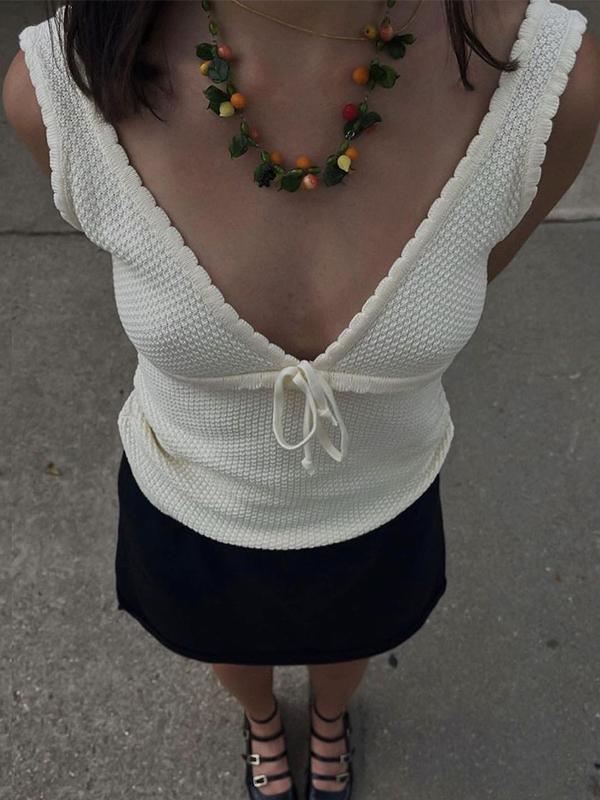 Contrast Color Stitching V Neck Bow Tank Top Product Image