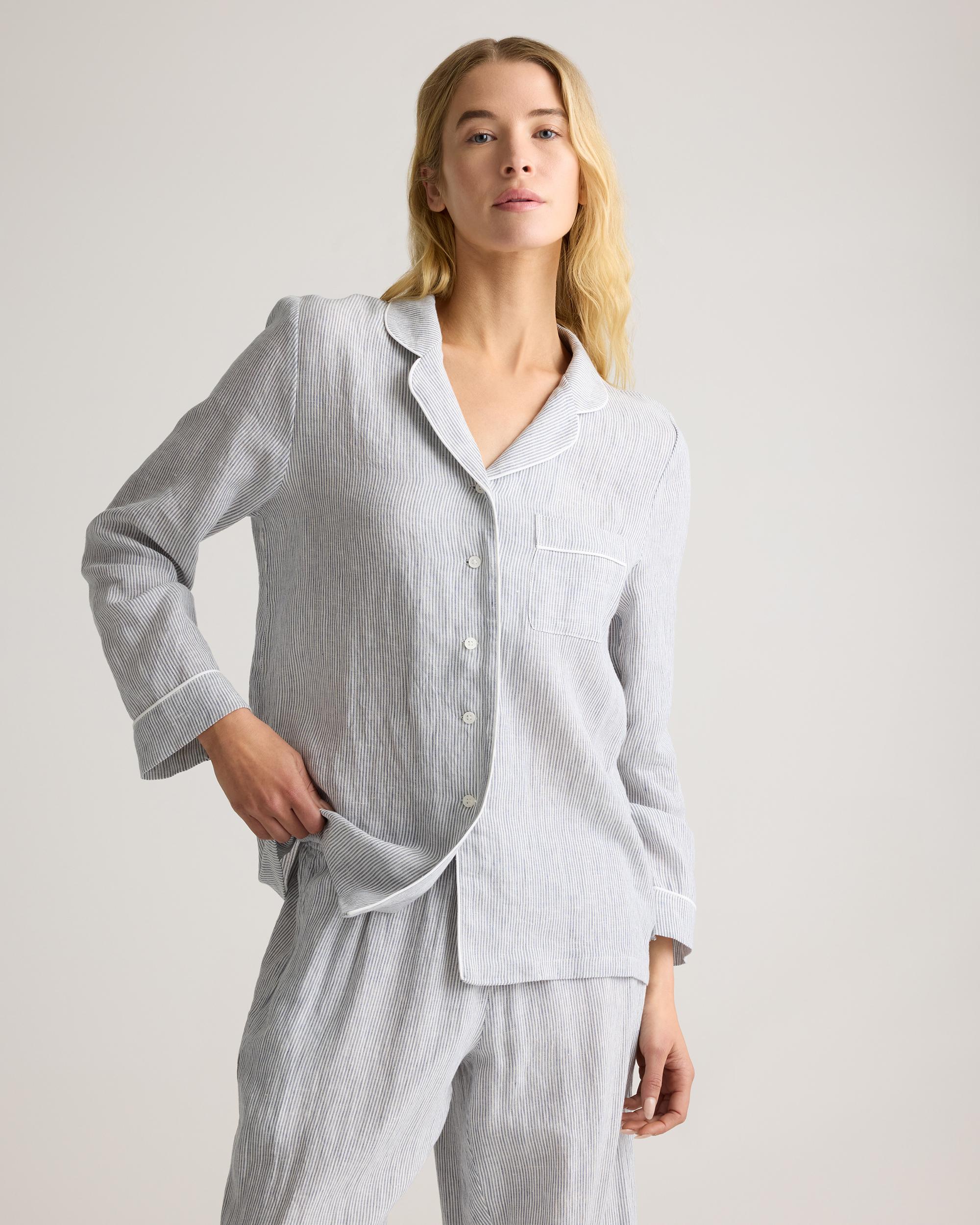 Quince | Women's 100% European Linen Long Sleeve Pajama Set with Piping Product Image