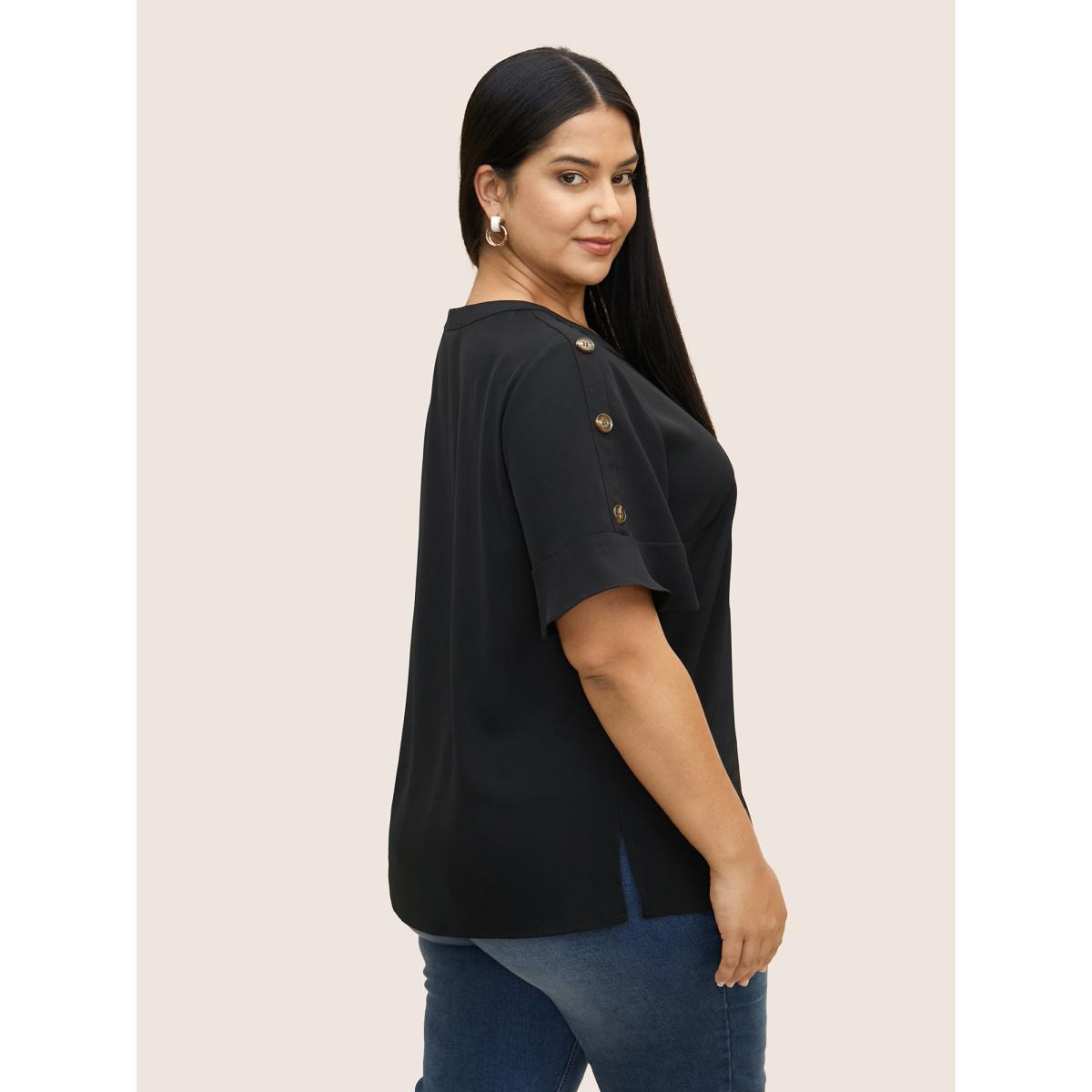 Plus Size Black Solid Cut Out Ruffles Button Detail Blouse Women Work From Home Short sleeve Round Neck Work Blouses BloomChic 22-24/3X Product Image
