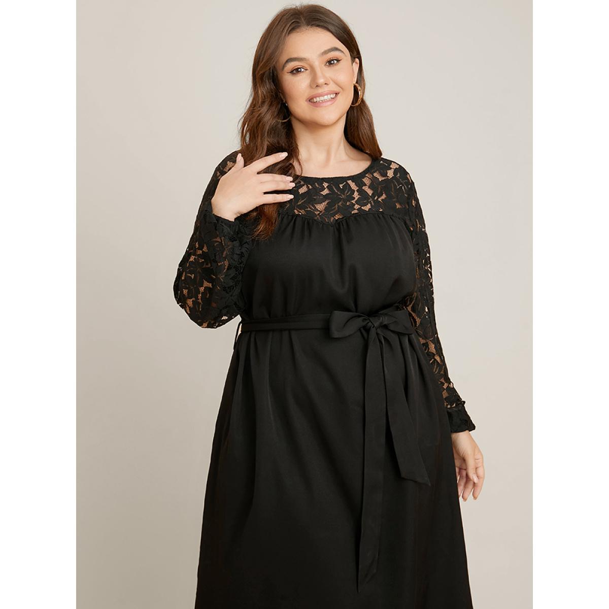 Plus Size Solid Round Neck Belted Contrast Lace Midi Dress Black Women Glamour Patchwork Round Neck Long Sleeve Curvy Midi Dress BloomChic 22-24/3X Product Image